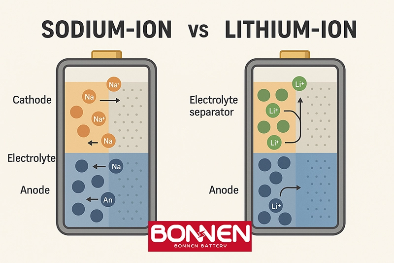 đồ họa thông tin về cấu trúc pin natri-ion so với pin lithium-ion
