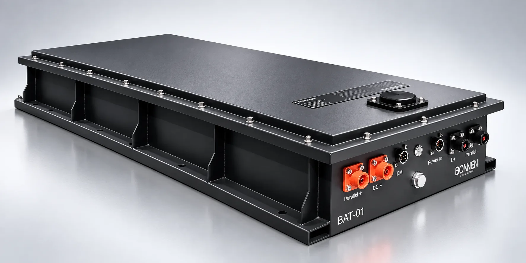 97V nominal Bonnen NMC battery module with low-profile aluminum enclosure and front connection panel