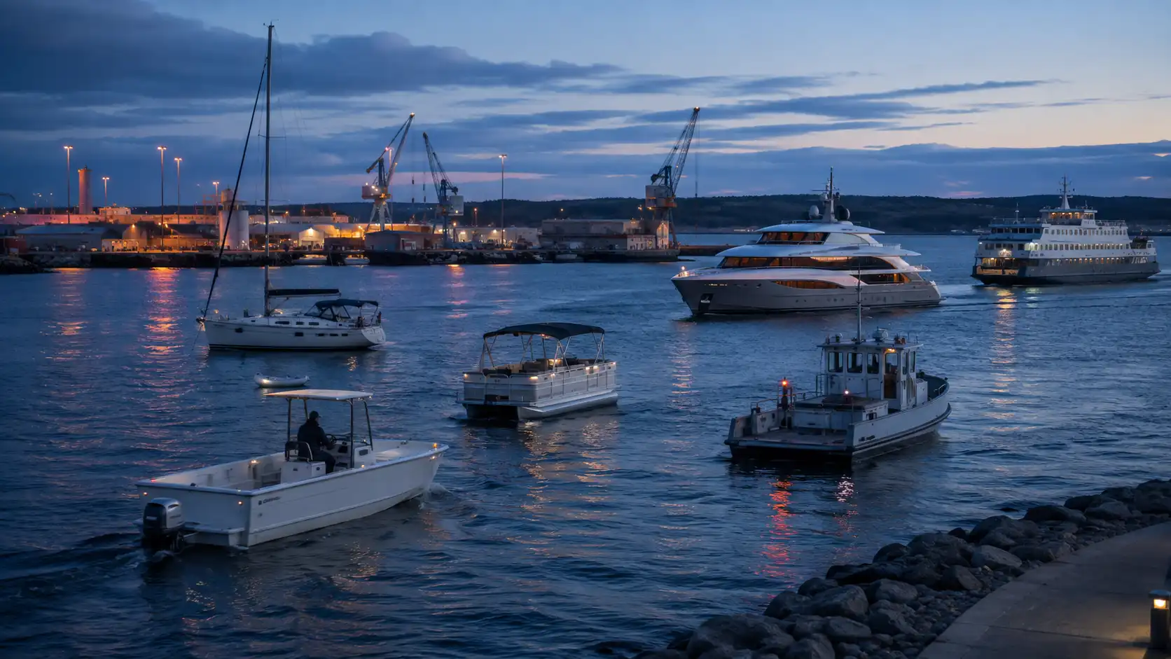 Electric outboard boat, sailboat, pontoon, workboat, yacht and passenger vessel in a working harbour