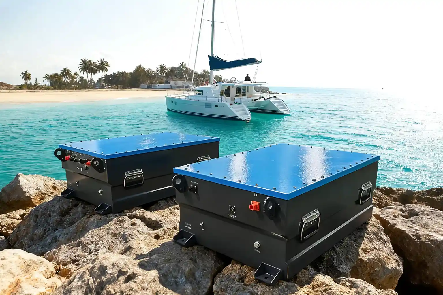 Bonnen 96V twin marine battery system mounted in a compact protected vessel machinery compartment