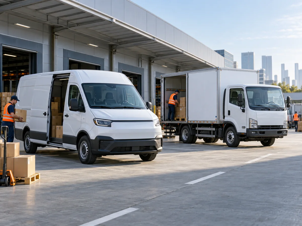 Electric delivery van and light commercial truck at a logistics depot