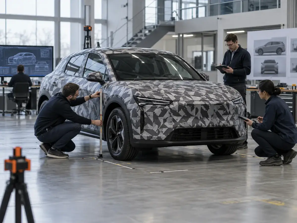 Engineers measuring a camouflaged prototype vehicle during OEM development