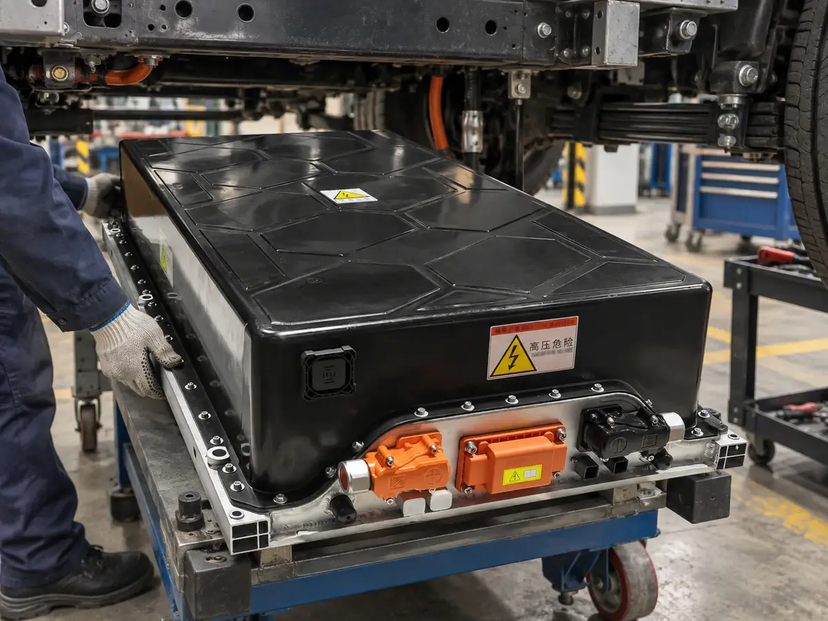 Conceptual electric commercial-vehicle integration scene based on the supplied Bonnen EV battery reference