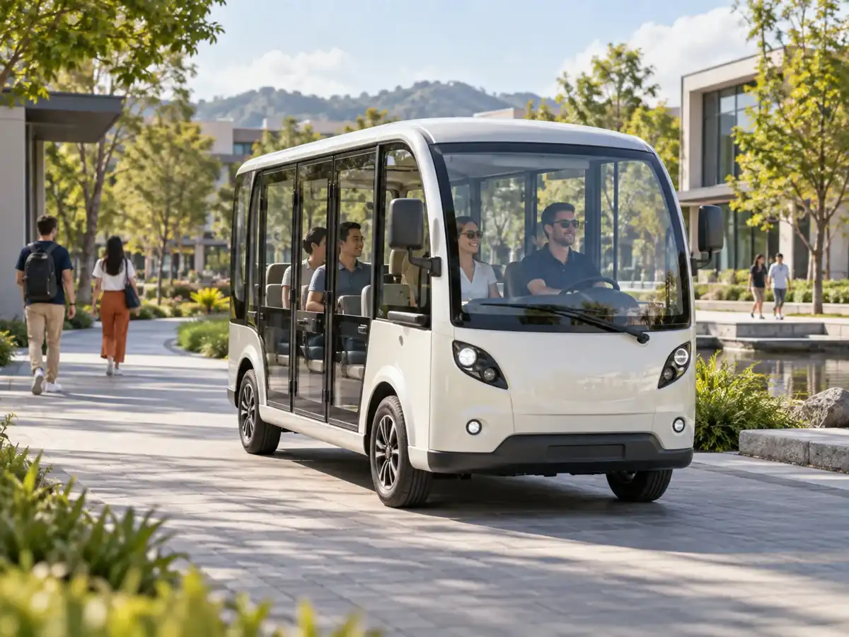 Low-speed electric shuttle operating on a landscaped campus
