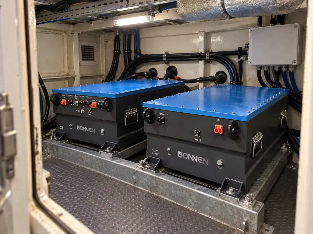 Conceptual electric-workboat application scene based on the supplied Bonnen marine battery reference