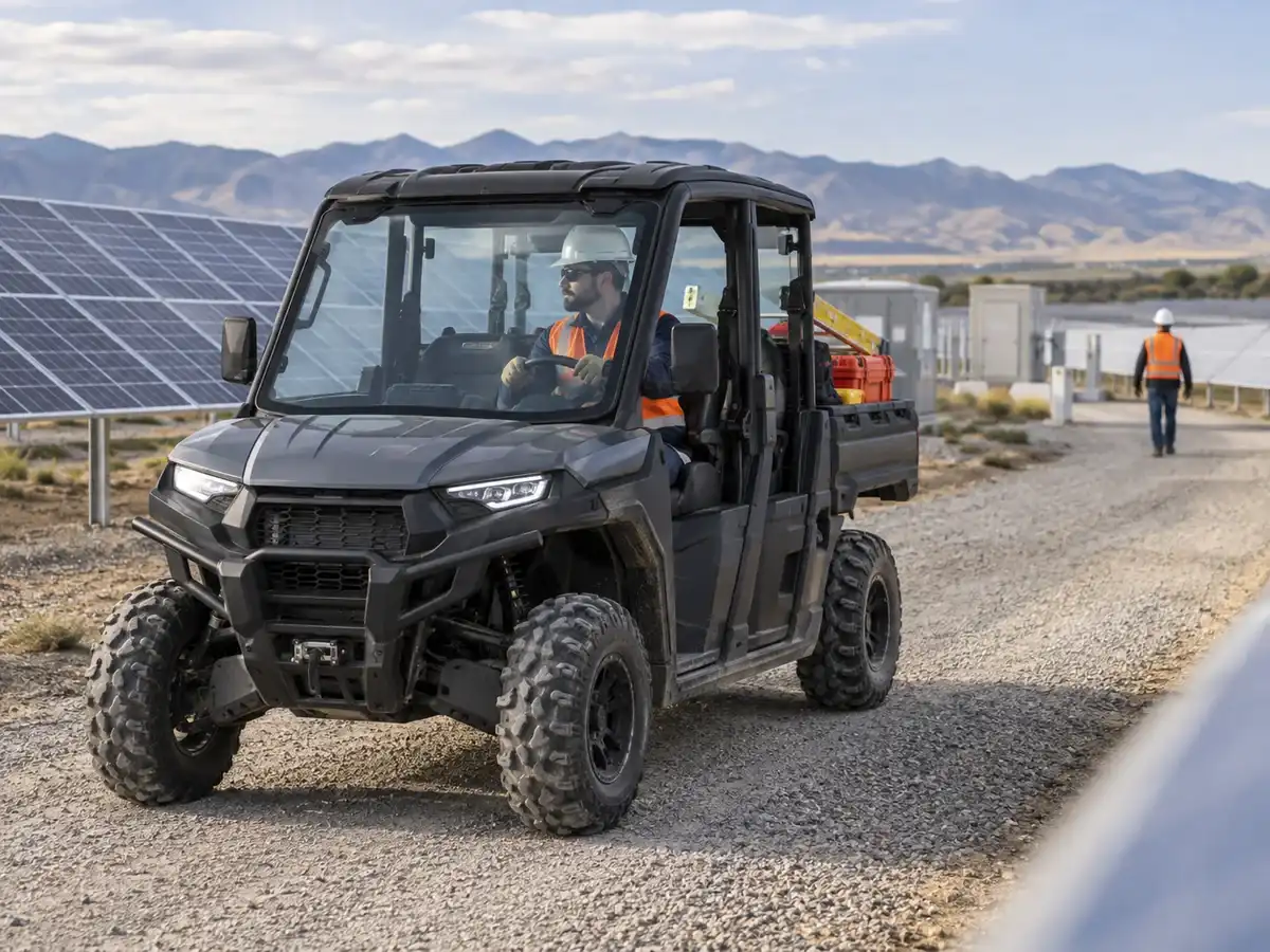 Electric UTV supporting field maintenance at a solar energy site