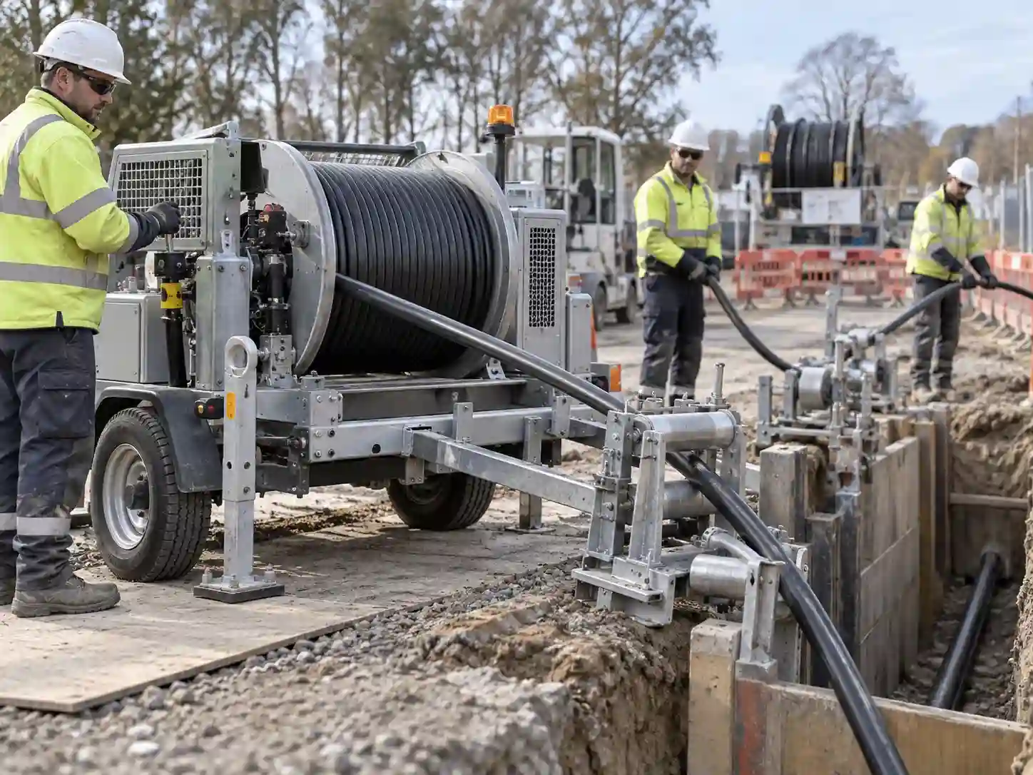 Cable pulling equipment guiding heavy cable through rollers beside a utility trench