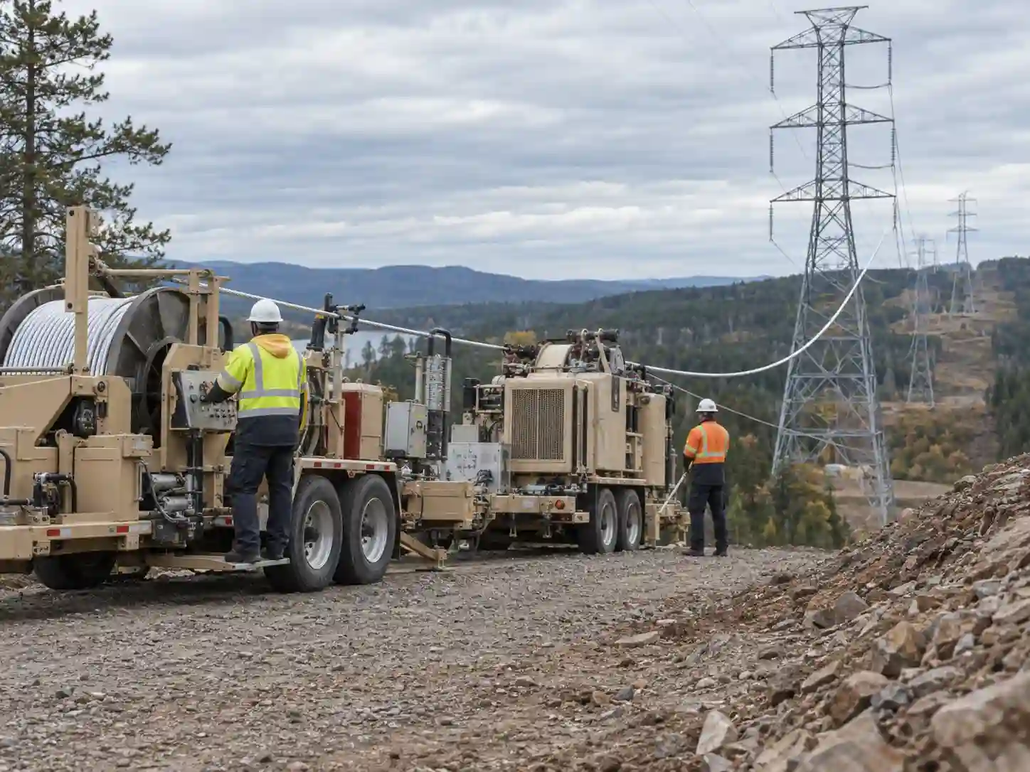 Power-line stringing puller and tensioner operating in a transmission corridor
