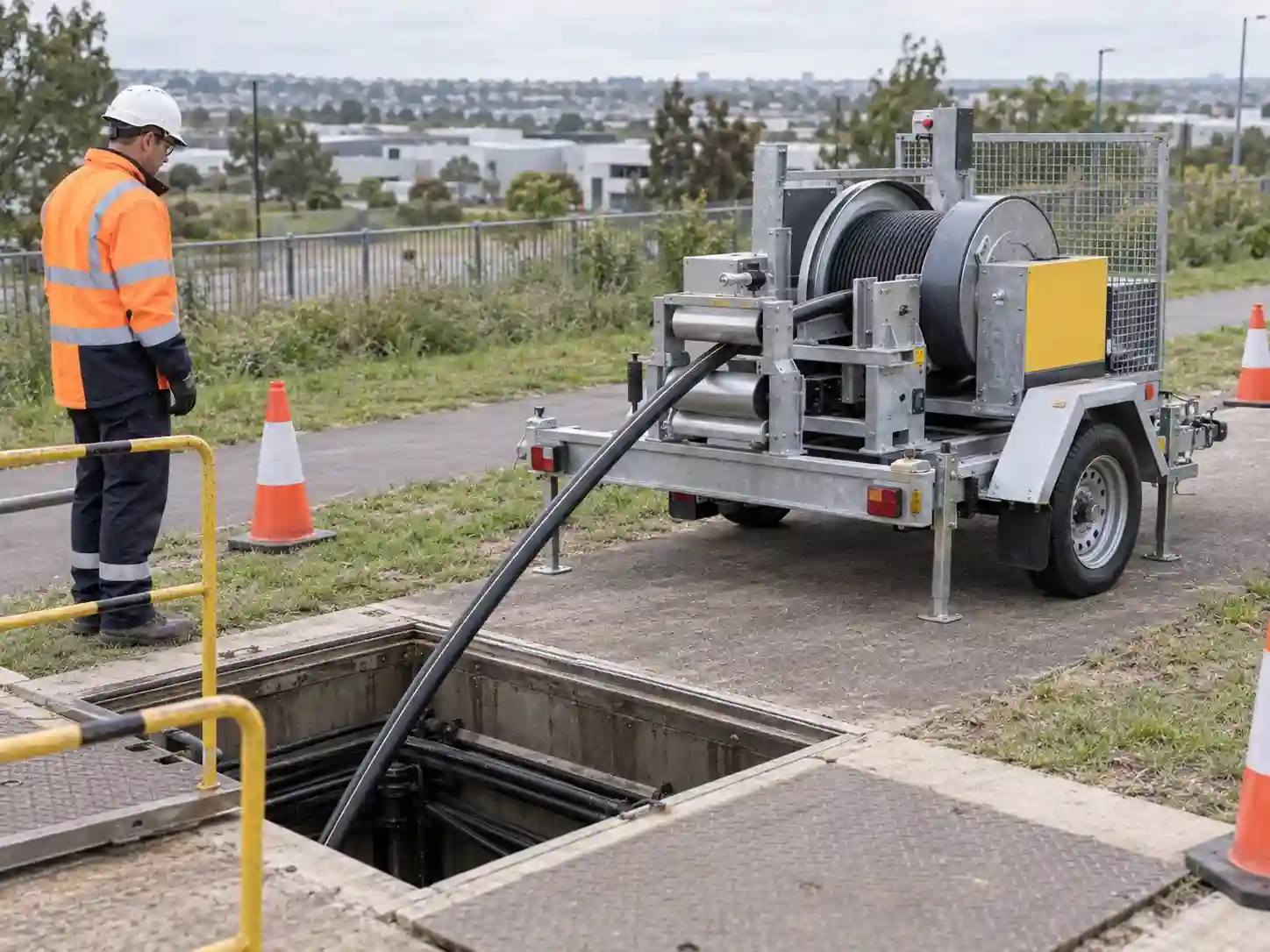 Trailer-mounted utility winch pulling cable into an underground access chamber