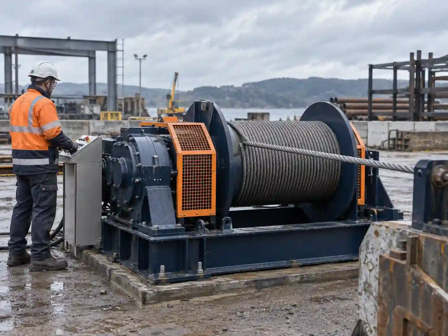 Industrial electric winch pulling steel wire rope in a fabrication and utility yard