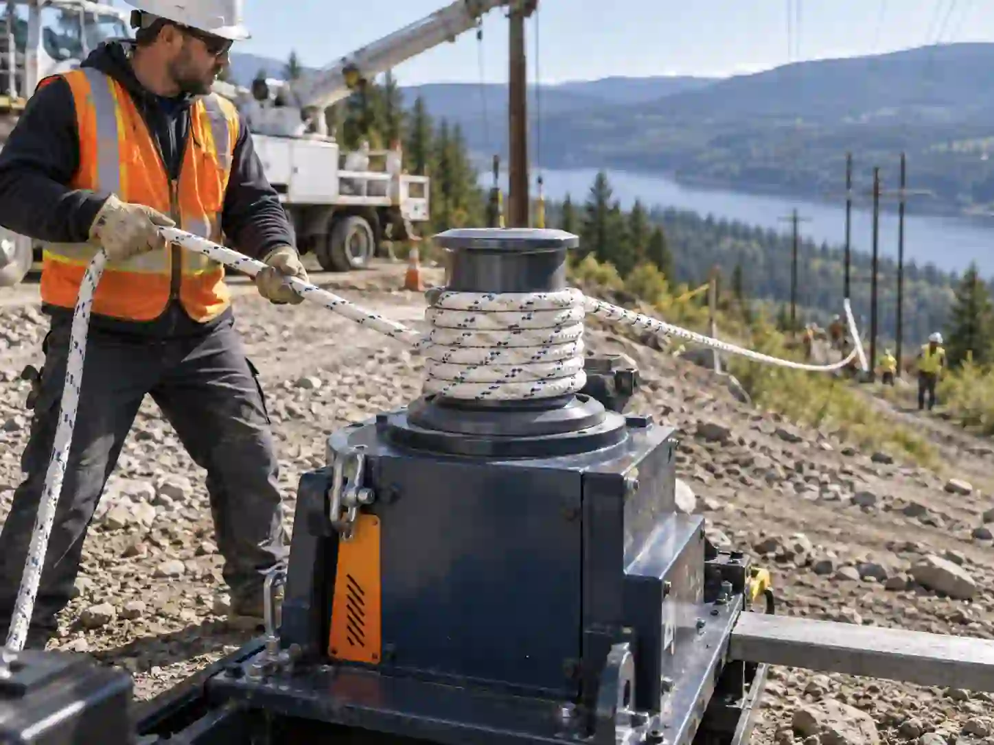 Utility operator safely tending rope around a compact vertical capstan winch
