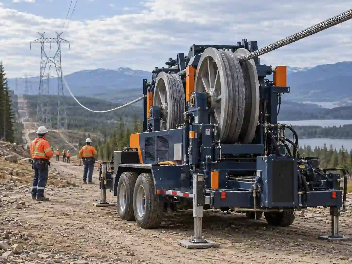 Twin-drum cable tensioner and puller managing conductor at a remote power project