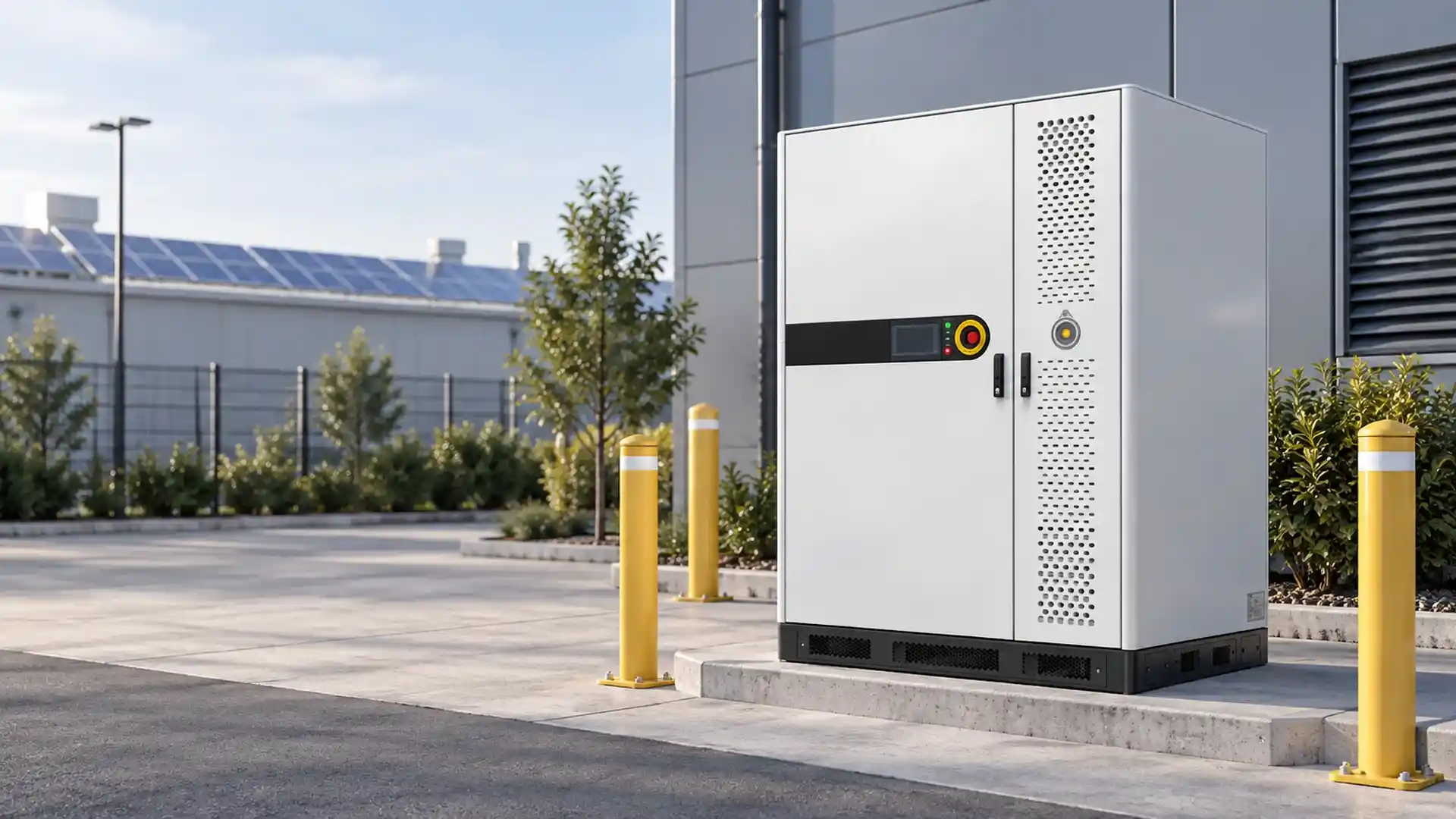 Outdoor commercial battery energy storage cabinet at an industrial facility