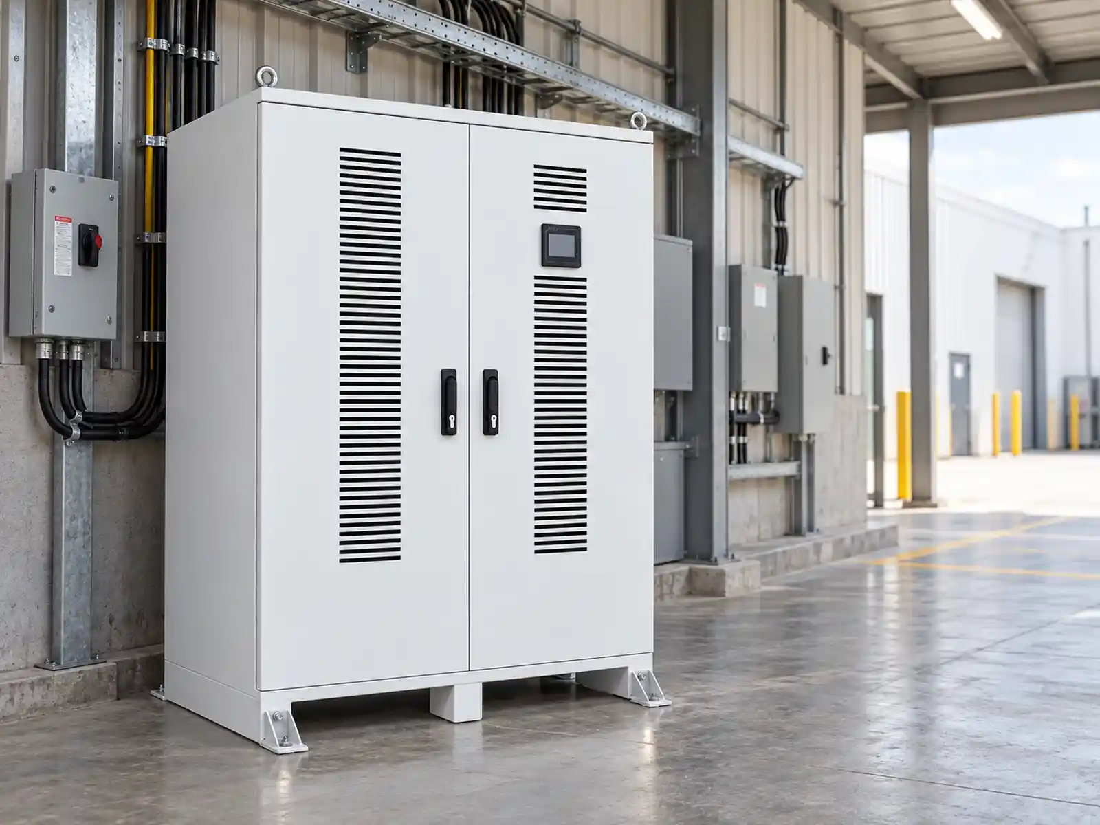 Commercial battery cabinet installed in a manufacturing utility area