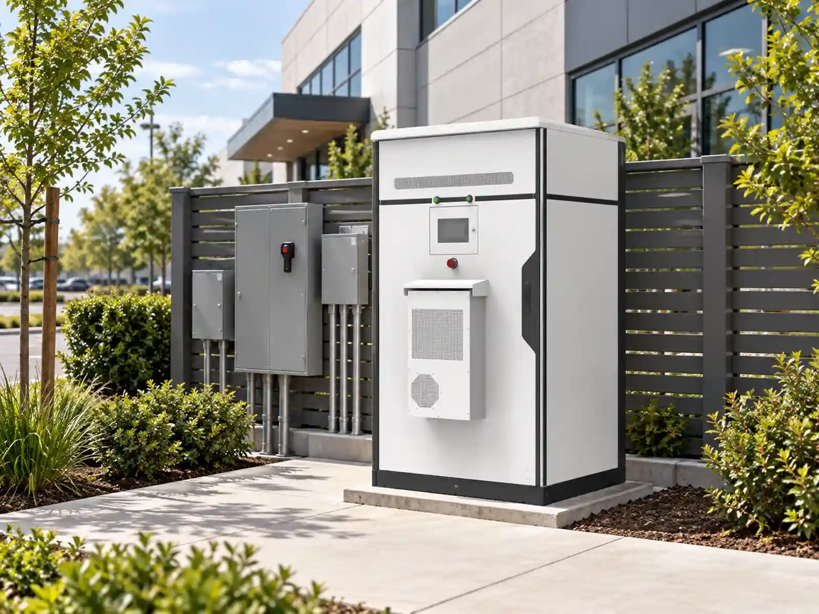 All-in-one battery energy storage system beside a commercial building
