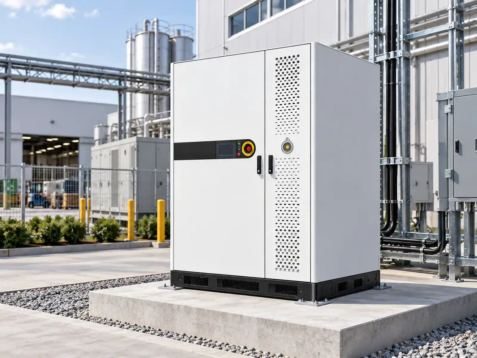 Battery energy storage cabinet in a manufacturing facility utility area