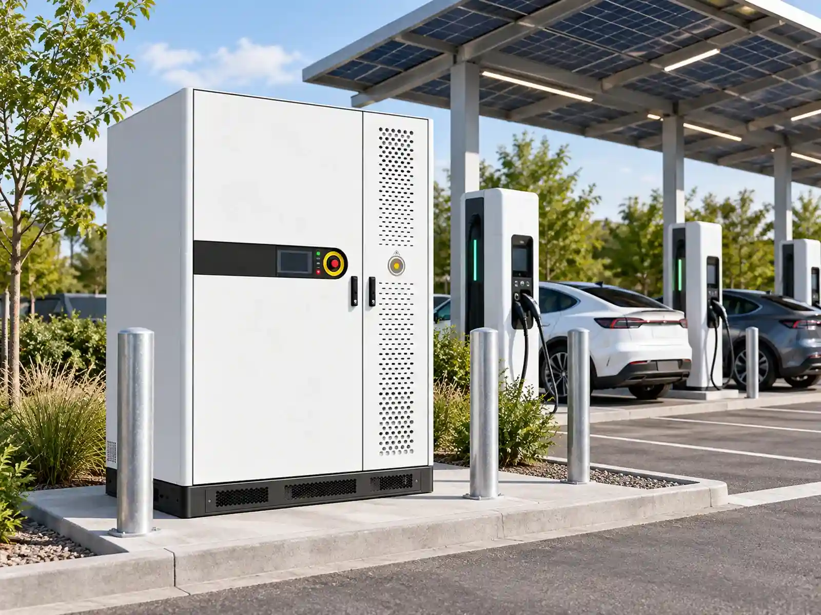 Battery energy storage cabinet serving EV charging infrastructure under a solar canopy