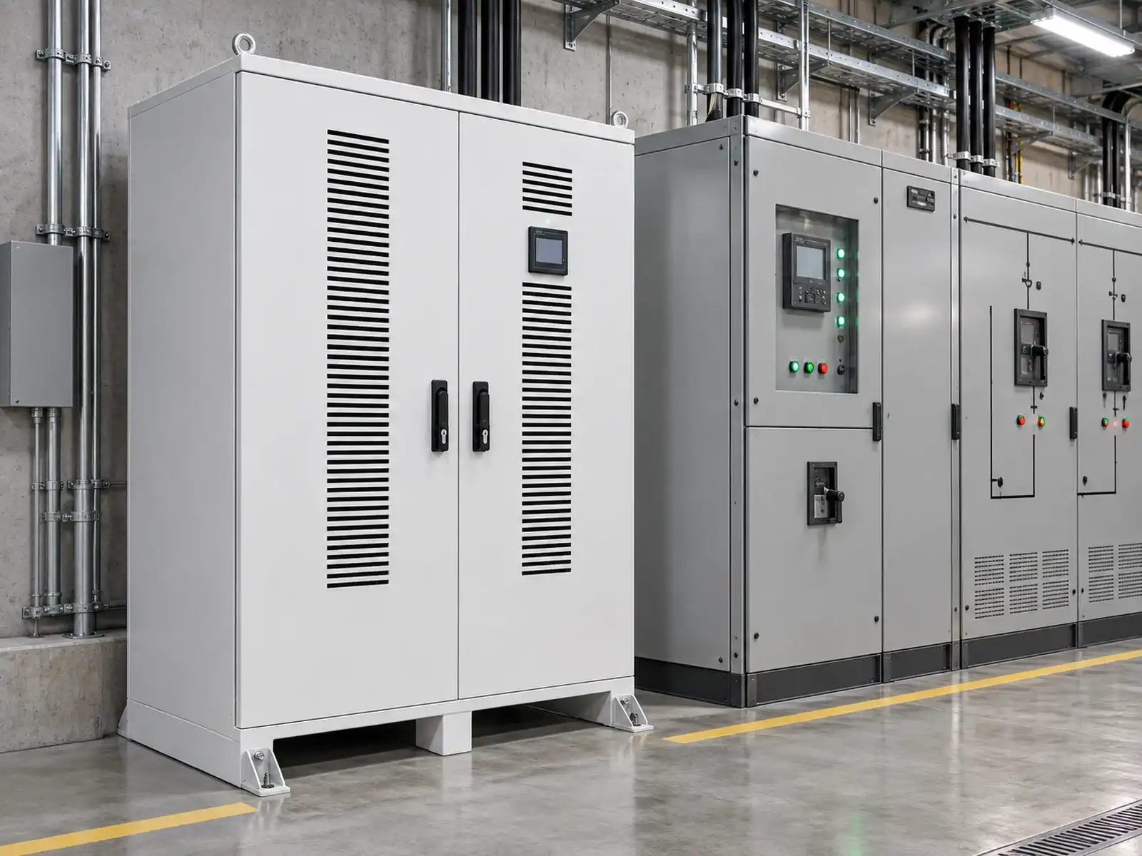 Commercial battery cabinet installed with electrical switchgear for load management