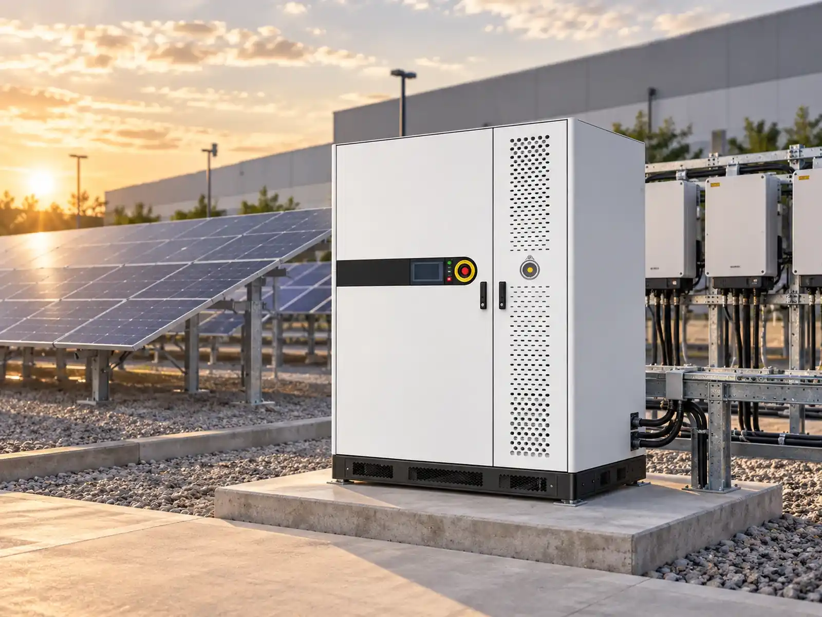 Battery energy storage cabinet integrated with a commercial solar array