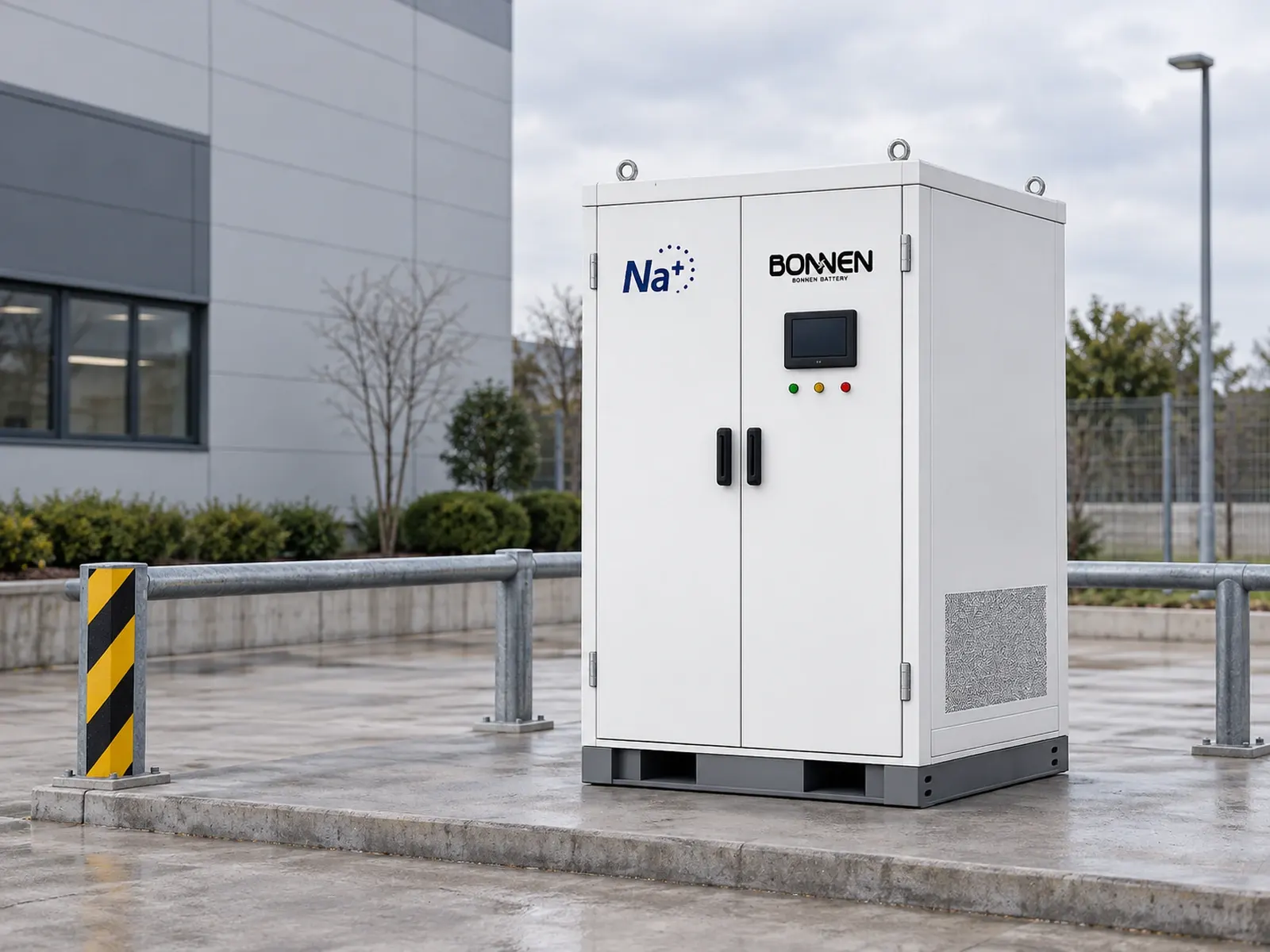Sodium-ion battery energy storage cabinet in an outdoor commercial setting