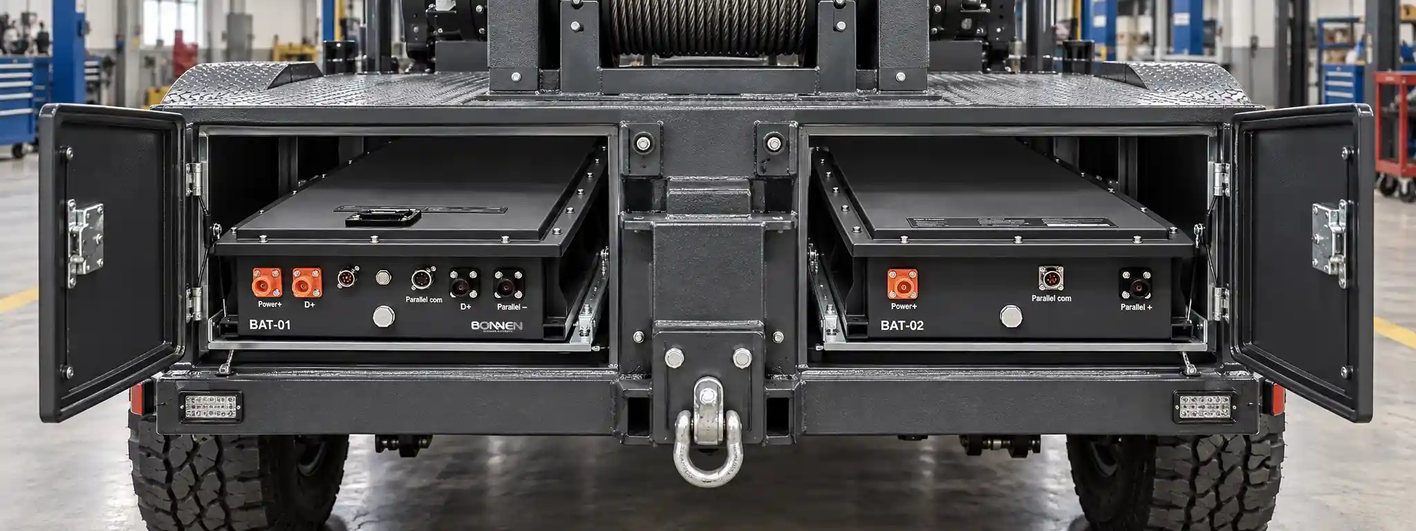 Matched BAT-01 and BAT-02 modules installed in separate protected equipment bays
