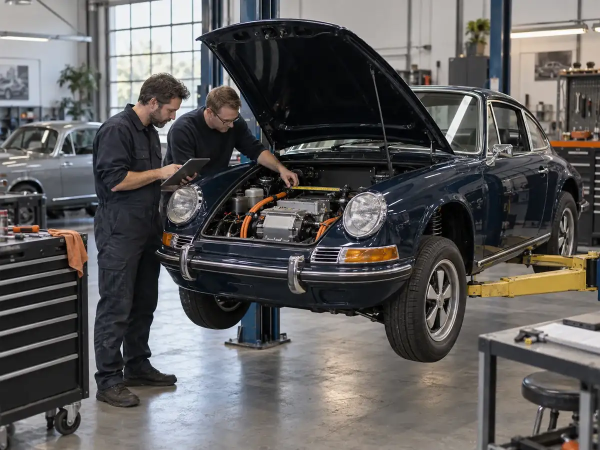 Engineers reviewing a classic car during a professional electric conversion project