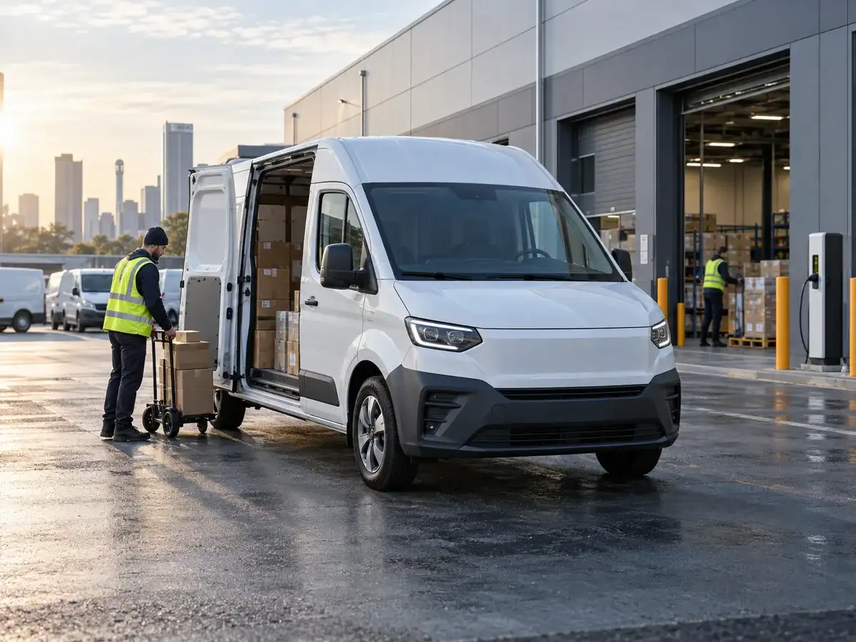 Electric delivery van being loaded at a commercial logistics depot
