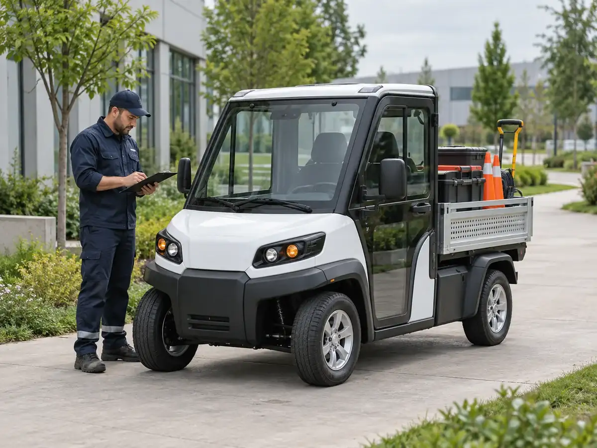 Low-speed electric utility vehicle supporting maintenance work on an industrial campus