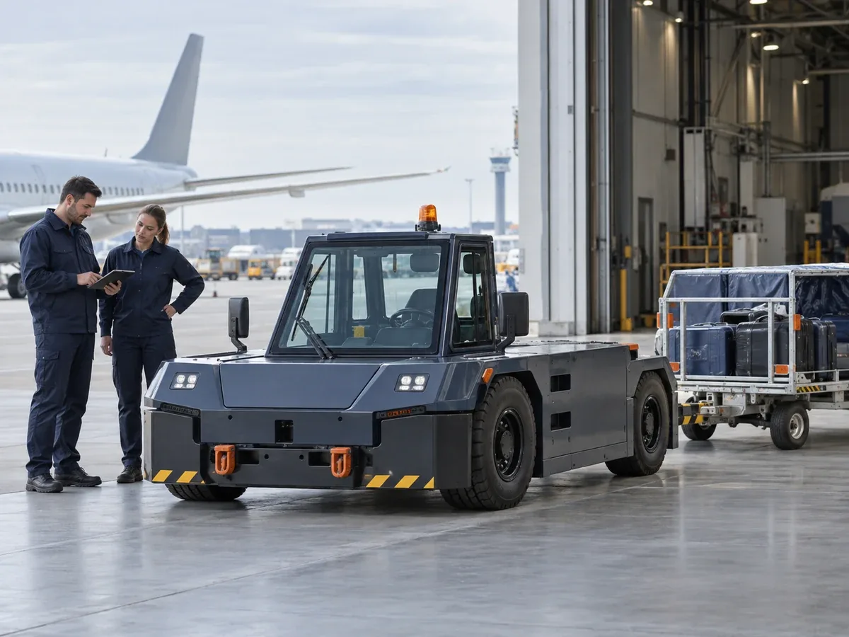 Engineers evaluating a low-profile electric airport ground-support tow tractor