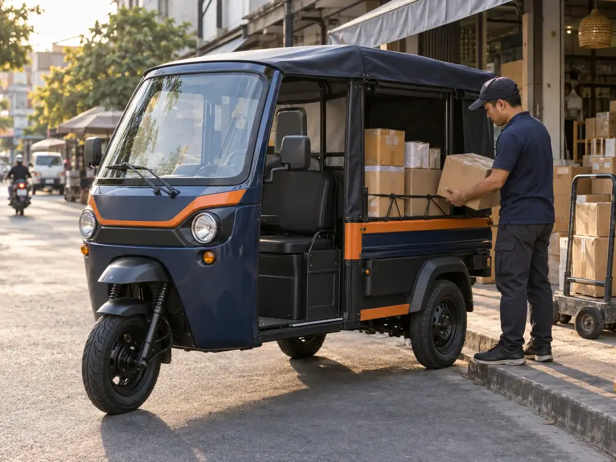 Electric cargo tuk-tuk being loaded for commercial three-wheel delivery work