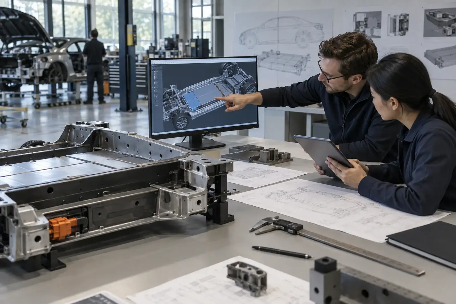 Battery engineers reviewing vehicle CAD and available installation space