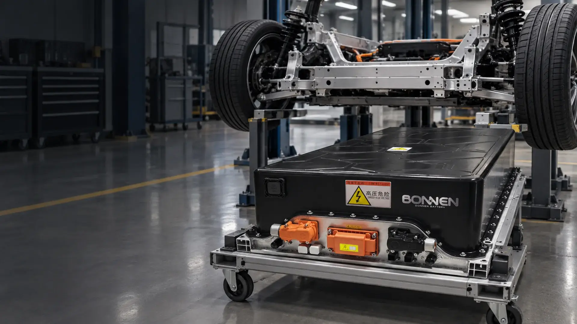 Traction battery being aligned with an electric vehicle chassis during an engineering integration review