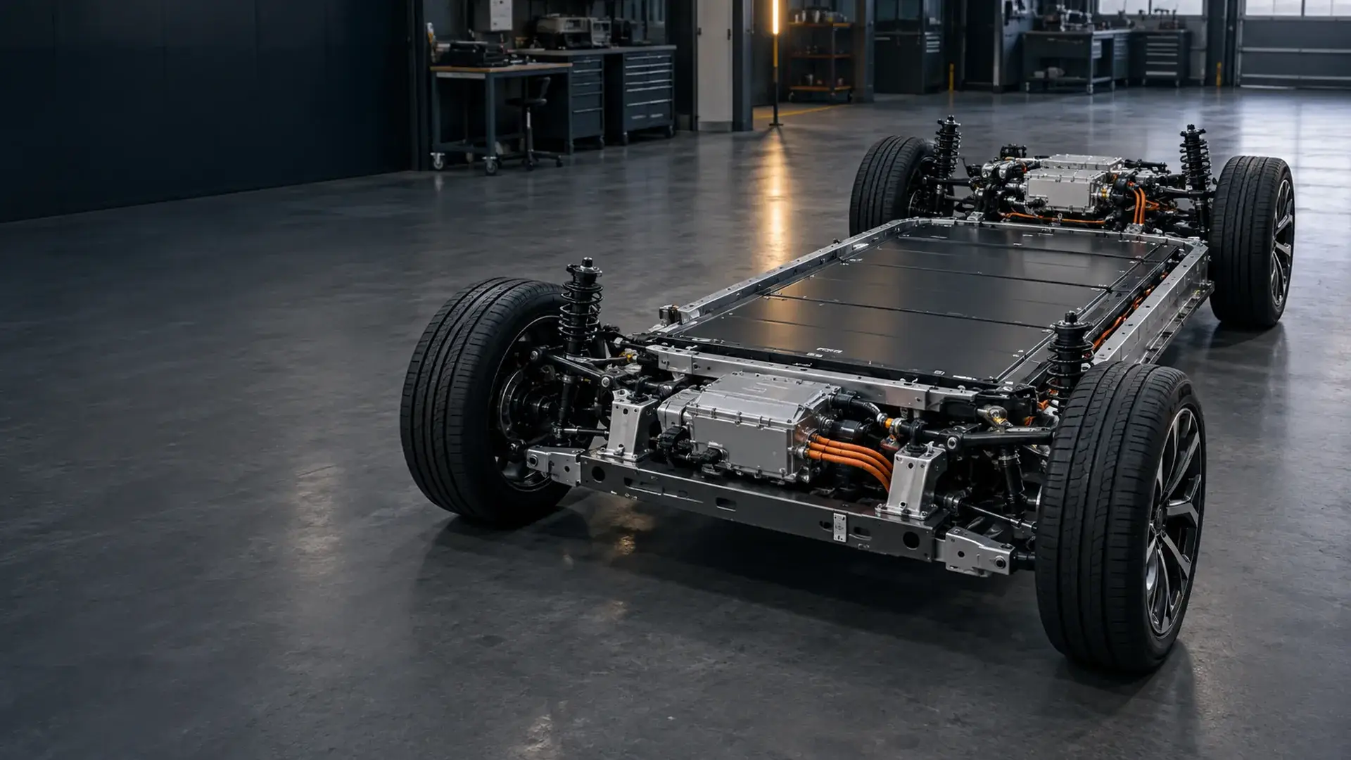 EV chassis with an integrated high-voltage battery system and orange power cables