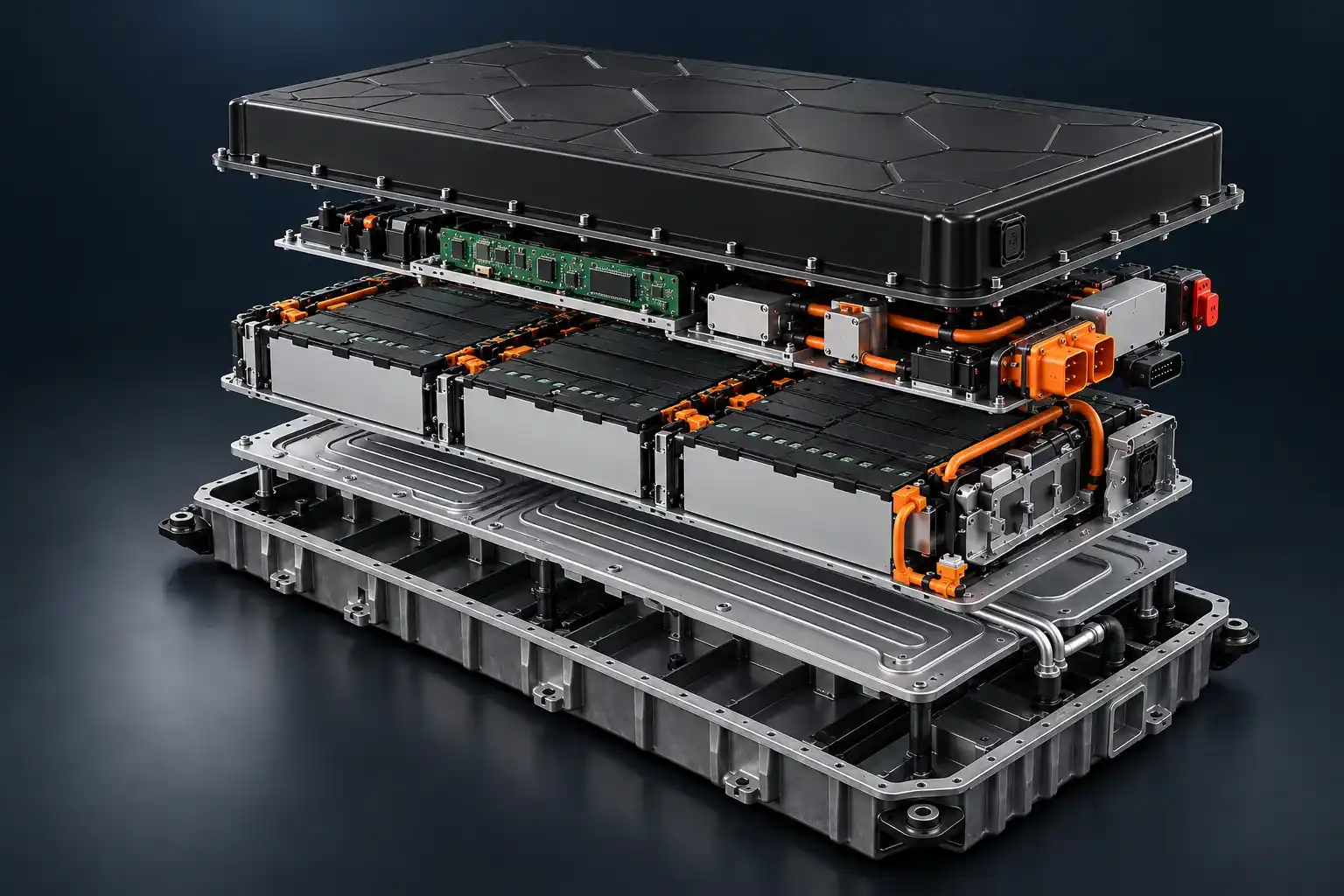 Illustrative exploded view of an EV traction battery enclosure, modules and high-voltage components