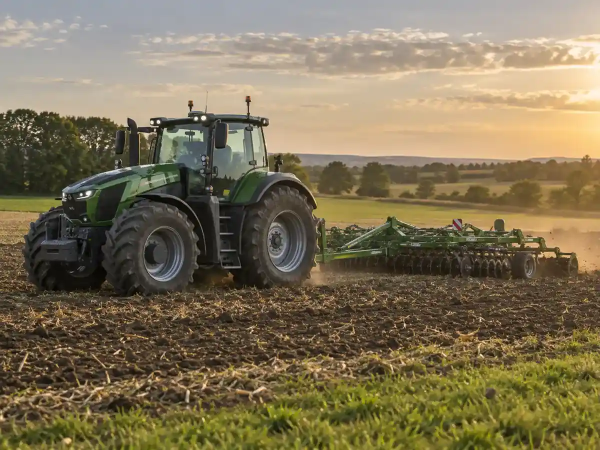 Electric agricultural tractor working in a field