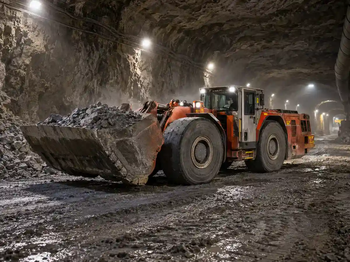 Battery-electric mining machine operating at an industrial site
