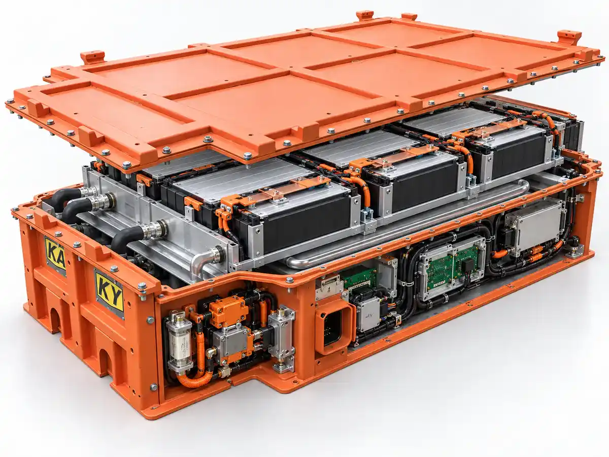 Cutaway visualization of a liquid-cooled heavy equipment battery enclosure
