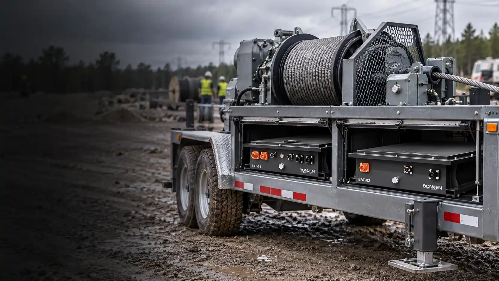 Two ultra-thin battery modules installed in protected bays of a trailer-mounted industrial cable winch