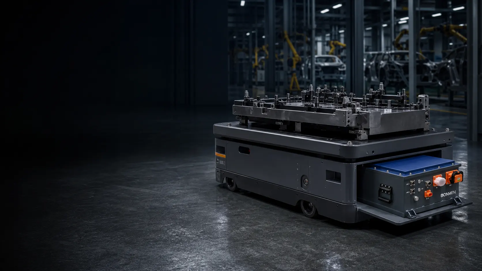 Complete low-profile heavy-duty AMR carrying automotive tooling with one integrated modular battery