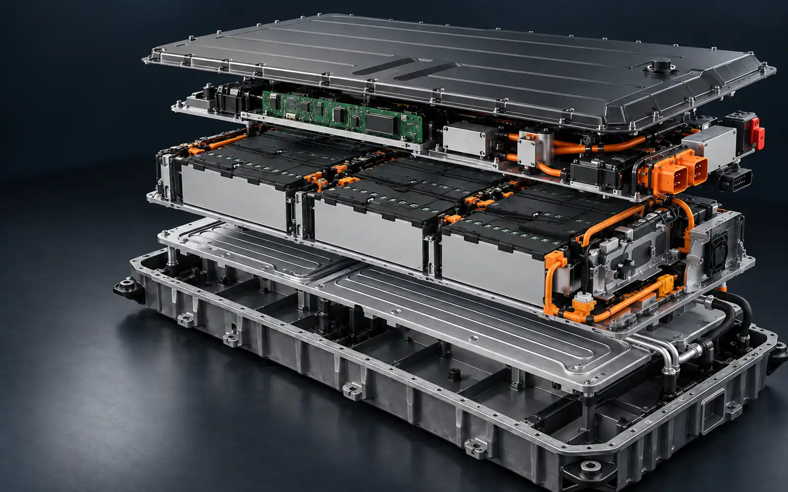 Illustrative cutaway of an EV battery system with modules, protection components, and cooling structure