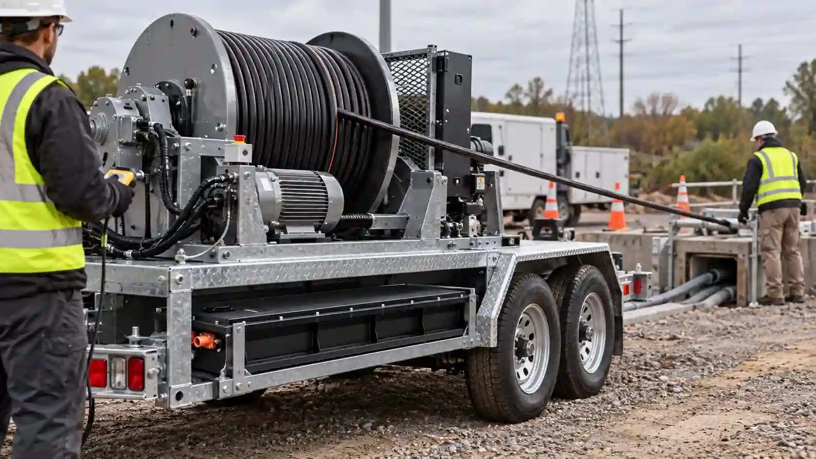 Cable pulling machine operating with a protected low-profile battery installed beneath the reel