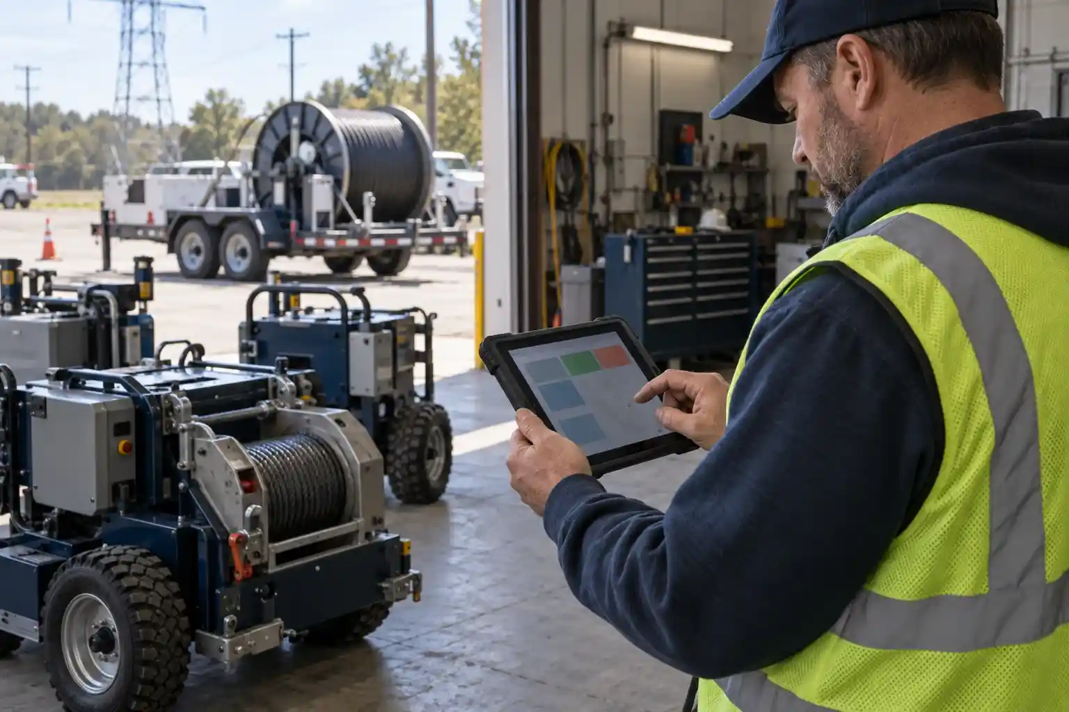 Utility equipment manager reviewing illustrative status information on a rugged tablet