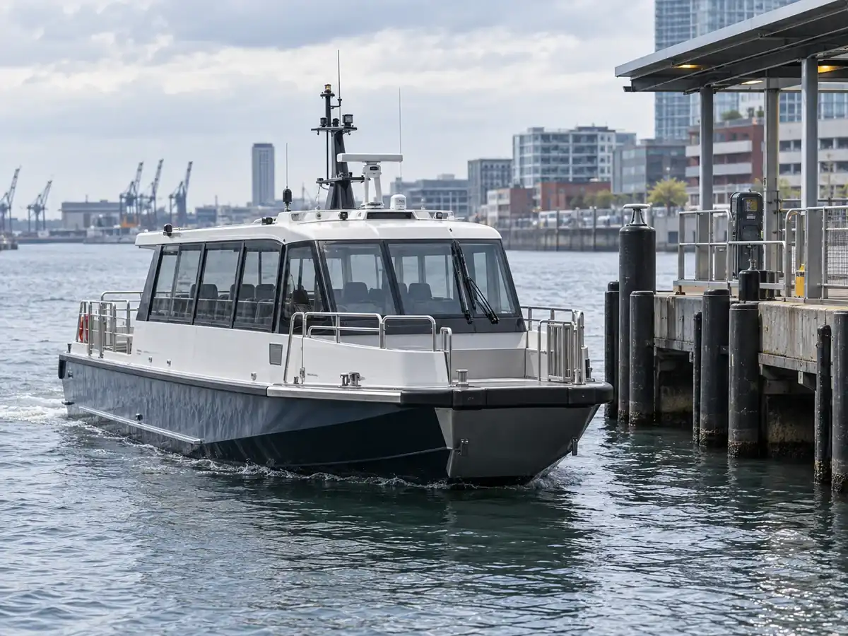 Commercial water taxi approaching an urban harbor pier