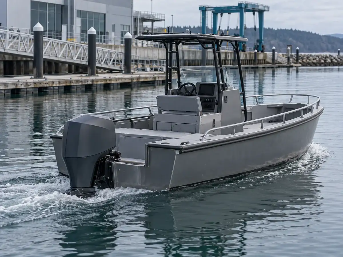 Utility boat powered by an unbranded electric outboard motor