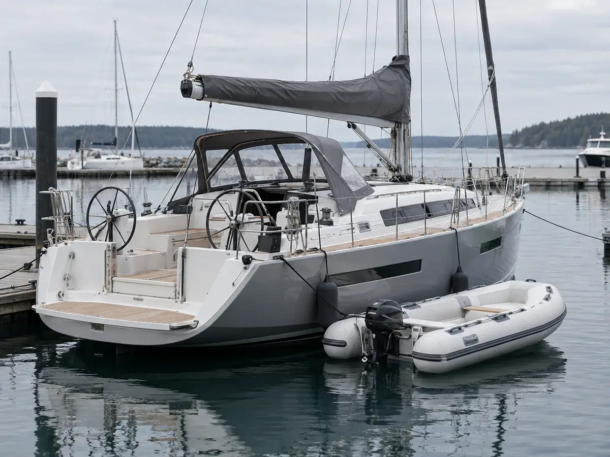 Modern sailboat and tender in a quiet working marina