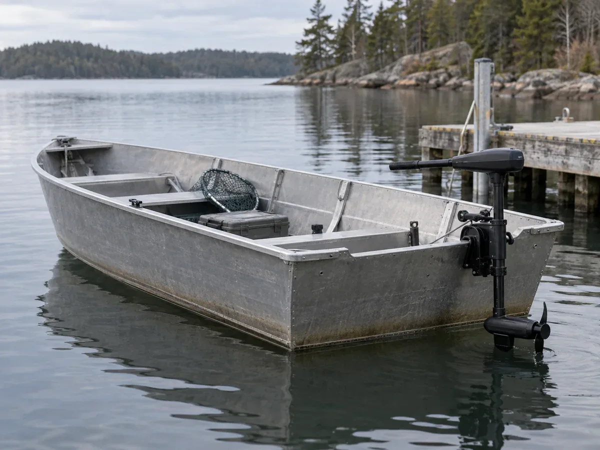 Aluminum utility boat with an electric trolling motor at a quiet dock