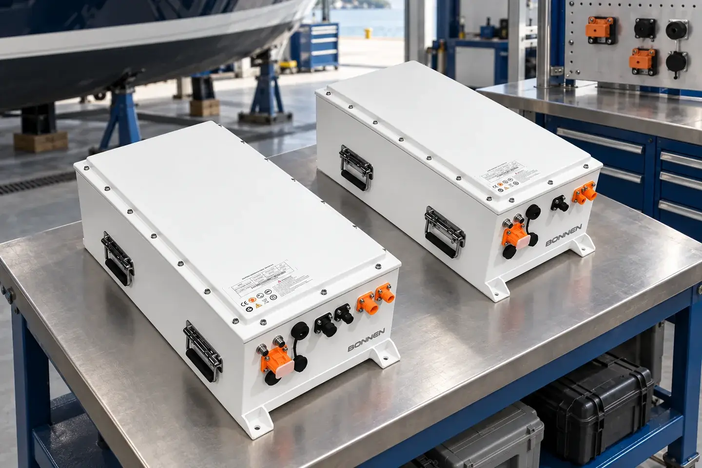 Bonnen 51.2V twin marine battery system presented in a marine engineering workshop