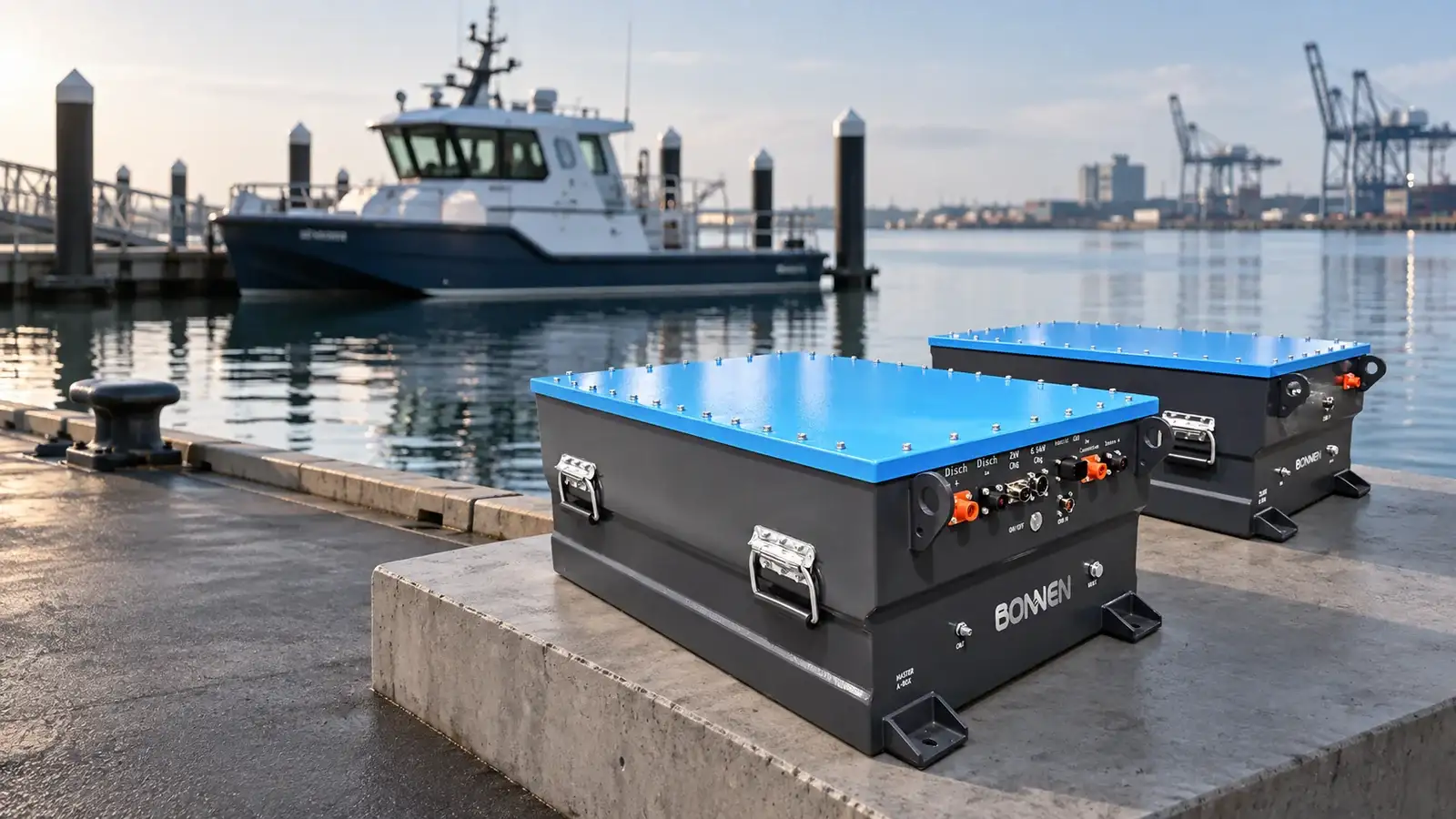 Bonnen 102V twin marine battery system presented beside a modern electric workboat
