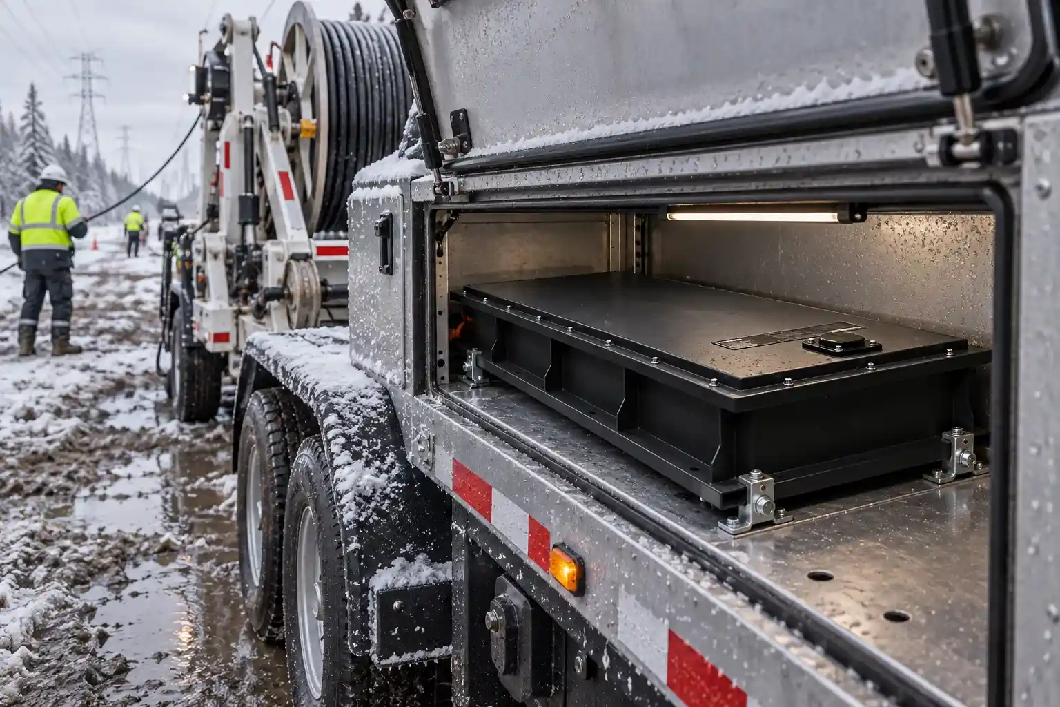 Low-profile battery installed inside a protected service bay during cold utility work