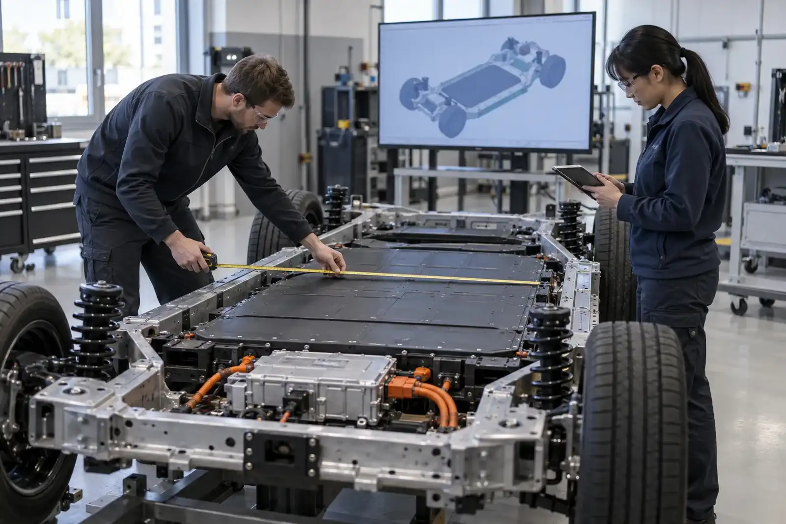 Engineers reviewing battery packaging within an electric vehicle chassis